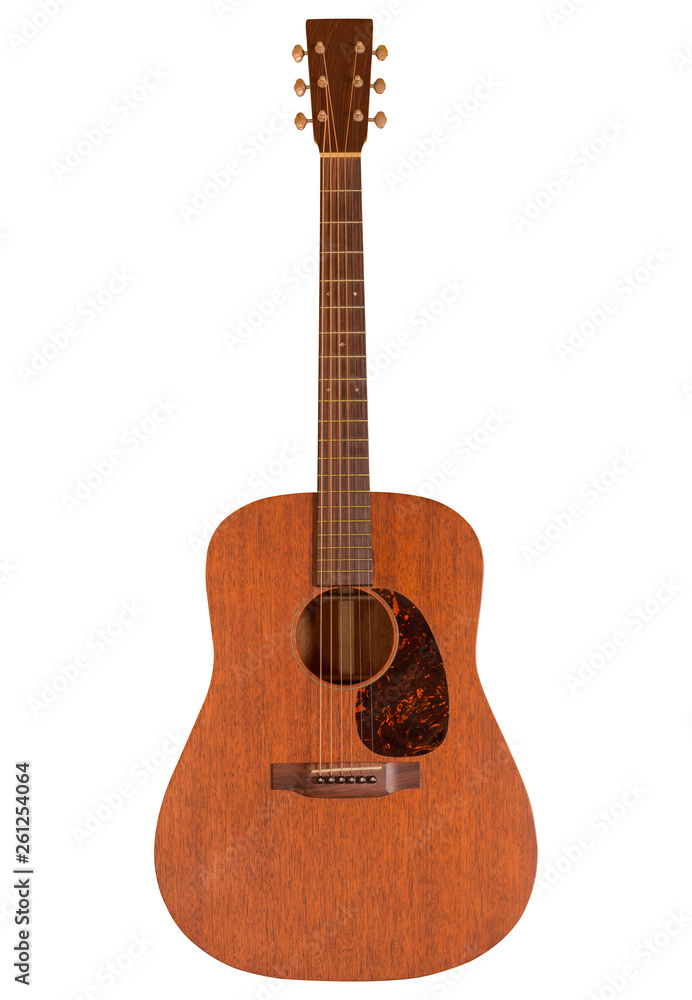 brown acoustic guitar made by Mahogany wood on white background