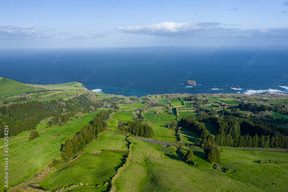 Aerial view of Sete Cidades at Lake Azul on the island Sao Miguel Azores, Portugal. Photo made from above by drone.