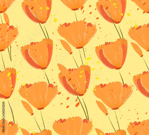 Seamless pattern with beautiful orange flowers and pollen splashes. California poppies, spring flowers, tulips. Vector illustration