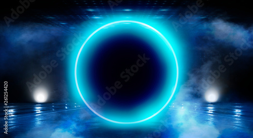 Neon circle  neon lights. Neon circle with spotlights. Abstract light. Night view. Blue abstract background with rays and lines.