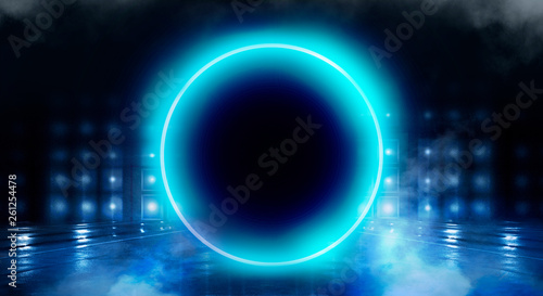 Neon circle, neon lights. Neon circle with spotlights. Abstract light. Night view. Blue abstract background with rays and lines.