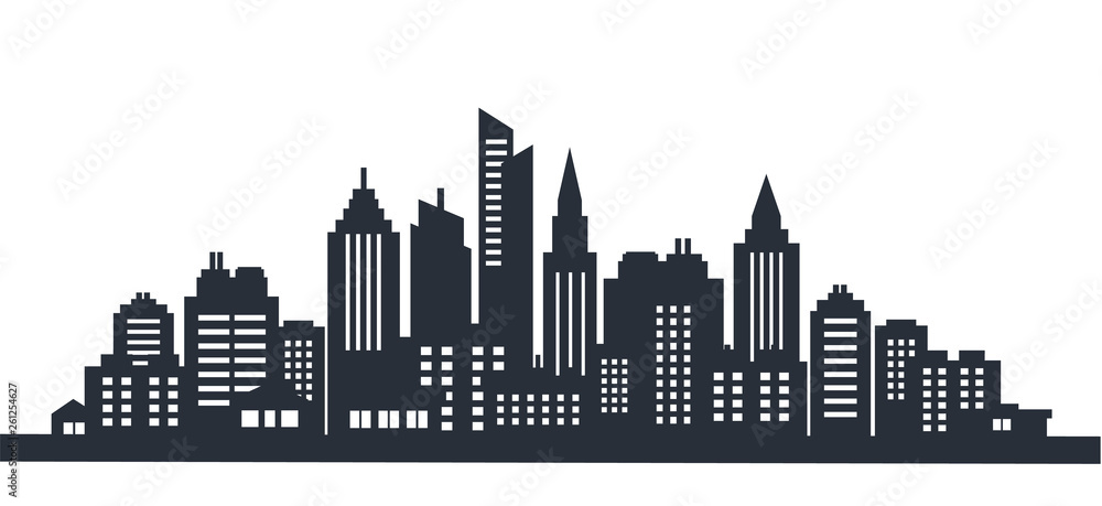 Fototapeta premium City silhouette land scape. City landscape. Downtown landscape with high skyscrapers. Panorama architecture Goverment buildings illustration. Urban life