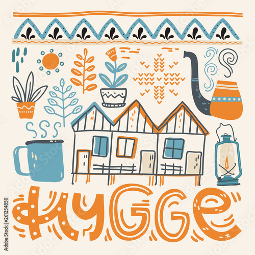 Hygge. Hand lettering with design elements in the square. Vector illustration