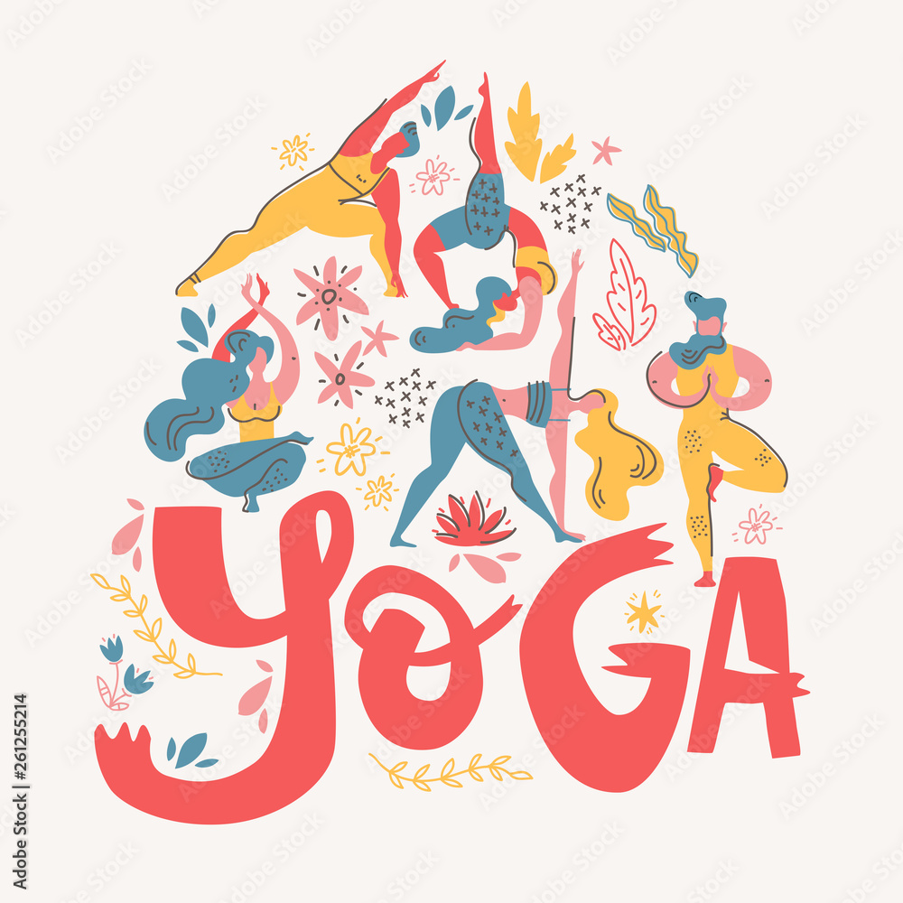 Yoga poster in folk scandinavian style with yogis, plants and lettering. Flat vector illustration.