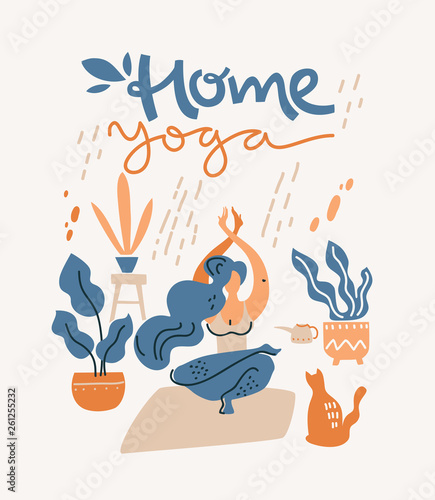 Woman do yoga by self at home.Cat and home plants around. Vector flat illustration.