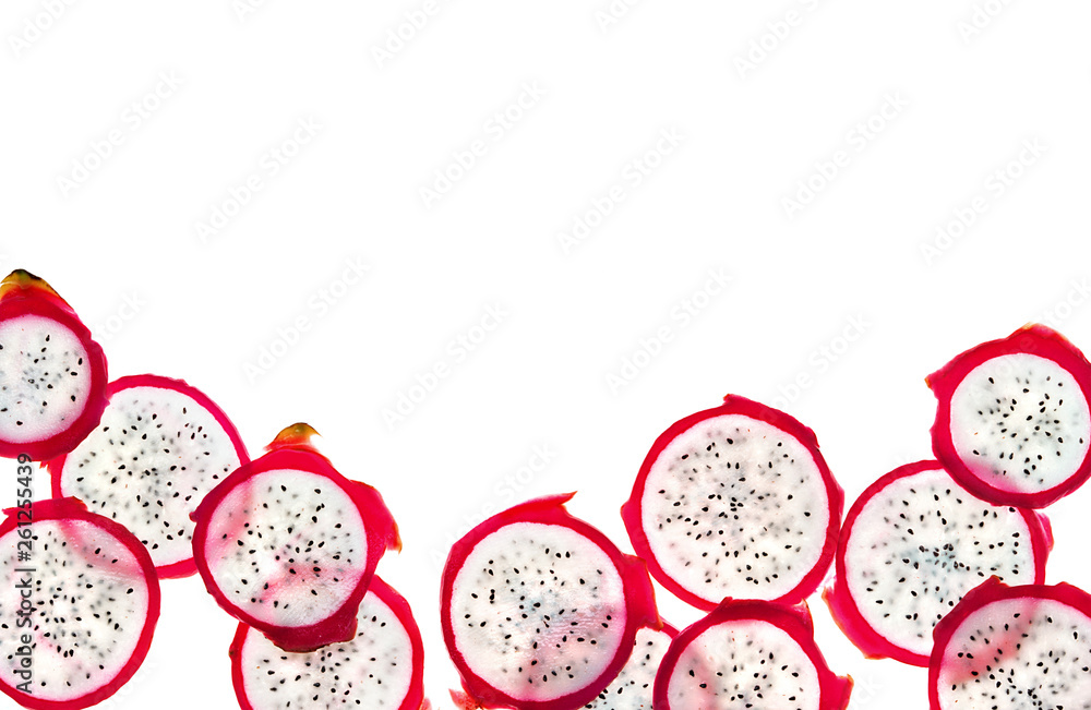 Slices of dragon fruit on white background. Copy space for your text. Top view. High resolution product Slices of dragon fruit on white background. Copy space for your text. Top view. High resolution product