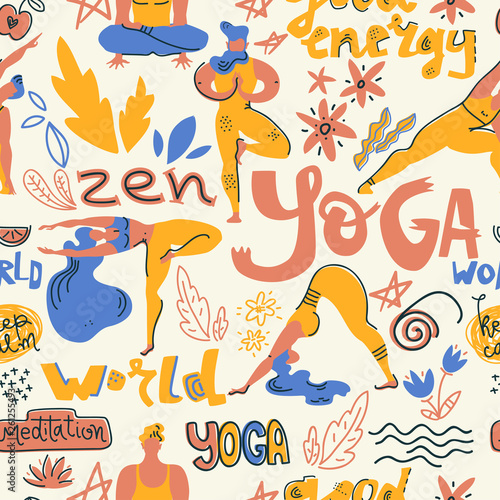 Vector seamless pattern with yogis and yoga symbols.