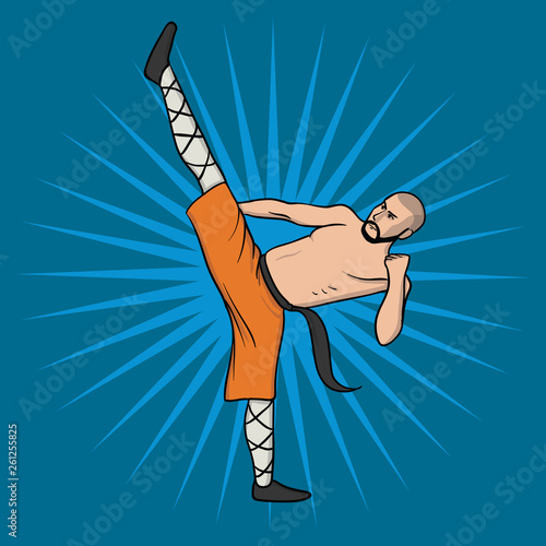 Shaolin monk practicing kung fu or wushu. Kung Fu hieroglyph. Martial art. Vector illustration, isolated on blue background.