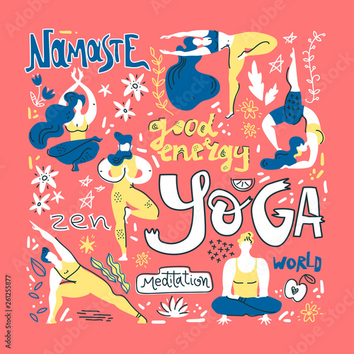 Yoga poster in folk scandinavian style with yogis, plants and lettering. Flat vector illustration.