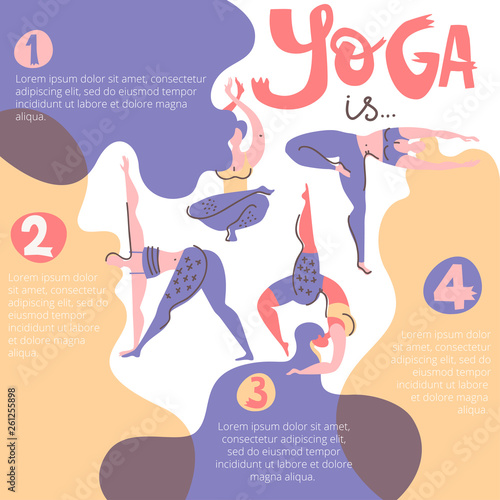 Yoga infographic poster with women with beautiful hair. Folk flat style.