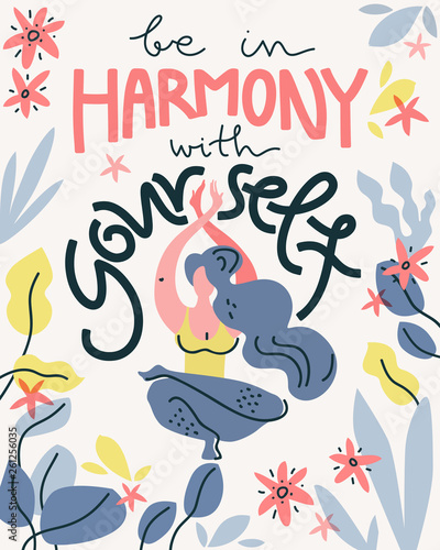 Be in harmony with yourself. Vector flat illustration. Troic poster, meditate woman