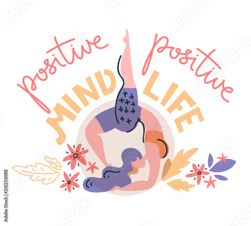 Woman stands on her elbows, vector flat illustration. Positive mind - positive life.