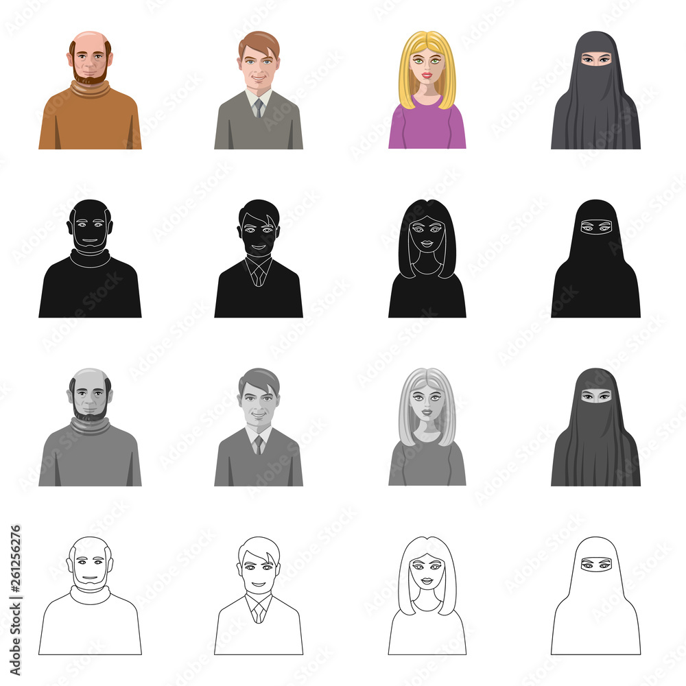 Vector illustration of hairstyle and profession icon. Collection of hairstyle and character stock symbol for web. Vector illustration of hairstyle and profession icon. Collection of hairstyle and character stock symbol for web.