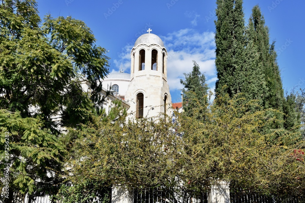 Church of the Holy Trinity Bell Tower with Foreground Foliage, Limassol, Cyprus