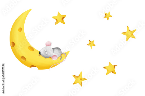 Cute tiny mouse's on cheese moon. Good night, cute clip art set, illustration kit for kids and adults isolated on white photo