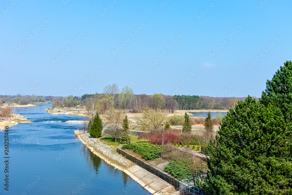 Panoramic view of Warta River in Lyszkowice, Poland