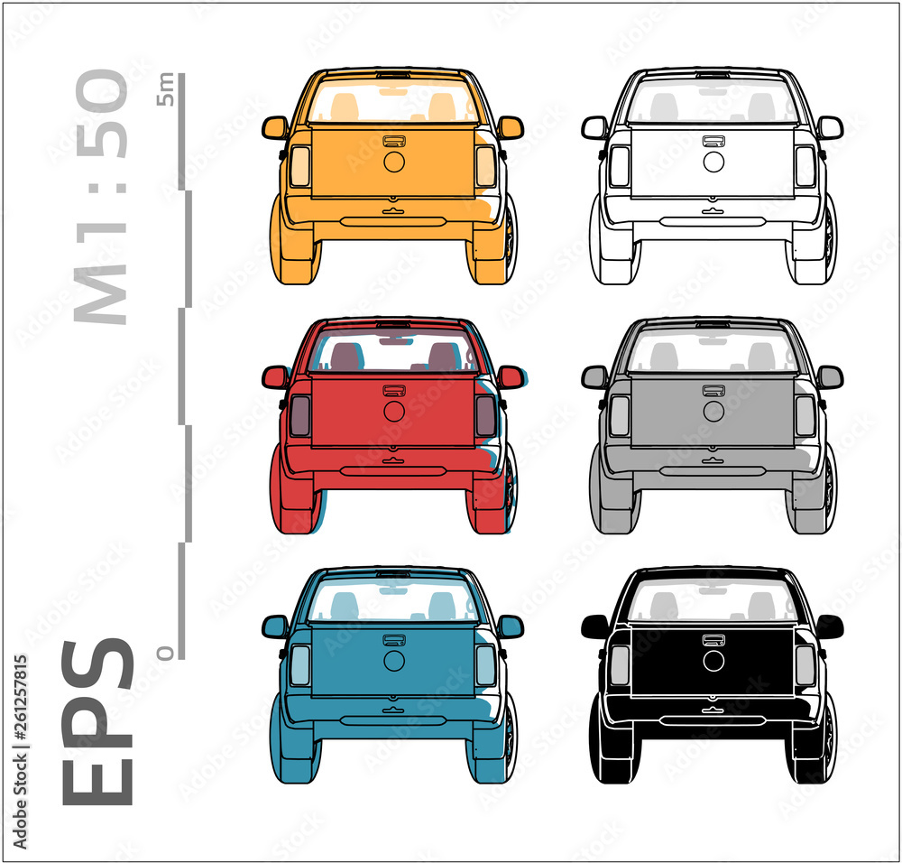 pickup cuv car vector icons set for architectural drawing and illustration, back views pickup cuv car vector icons set for architectural drawing and illustration, back views