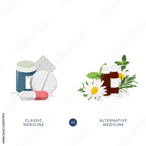 Alternative versus classic medicine concept illustration. Pills vs. Natural Fresh herbs.