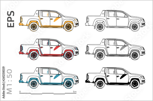 pickup cuv car vector icons set for architectural drawing and illustration, left views