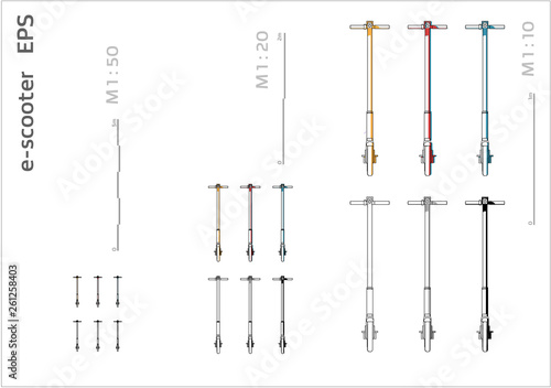 street motorized electric kick e-sooter vector icons set for architectural drawing and illustration, front view