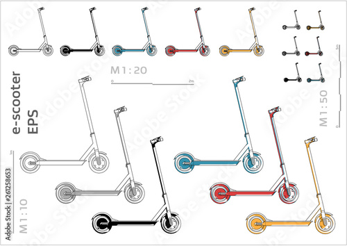 street motorized electric kick e-sooter vector icons set for architectural drawing and illustration, left view