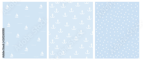 Lovely Hand Drawn Nautical Vector Patterns Set. White Anchors, Dots and Boats Isolated on a Light Blue Background. Marine Party Theme Repeatable Design. Abstract Nautical Theme Decoration.