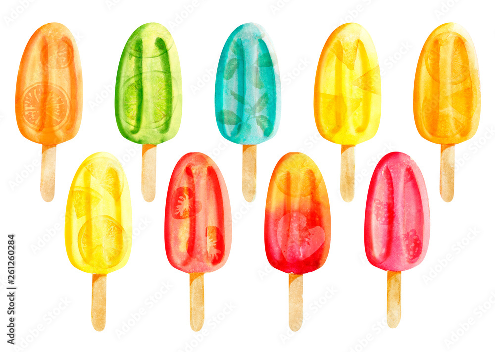 Watercolor set of bright popsicles with fruits isolated on white Watercolor set of bright popsicles with fruits isolated on white