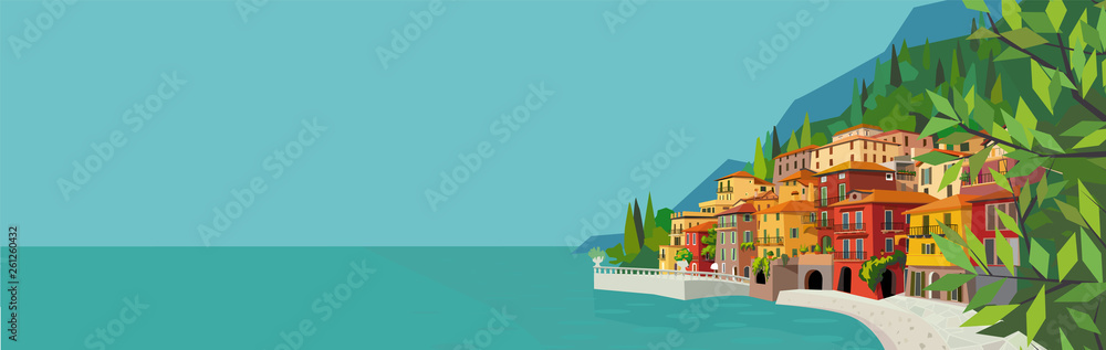 Beautiful italian landscape with water, houses, mountains. Mediterranean background for horizontal banners and posters.