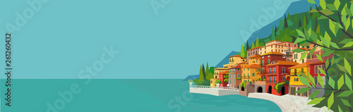 Beautiful italian landscape with water, houses, mountains. Mediterranean background for horizontal banners and posters.