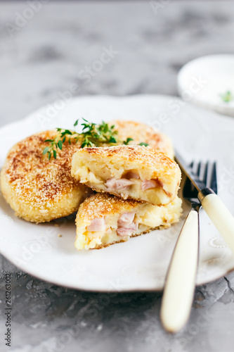 Homemade potato zrazy with ham and cheese