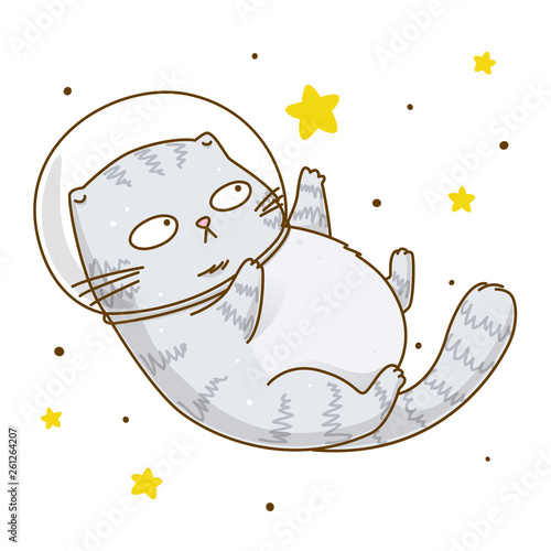 Cute scottishfold cat astronaut on starry space background