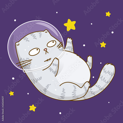 Cute scottishfold cat astronaut on starry space background