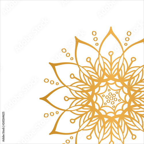 Golden vector mandala isolated on white background. Clean white cover with gold beautiful flower. A symbol of life and health. Invitation, wedding card, scrapbooking, magic symbol.