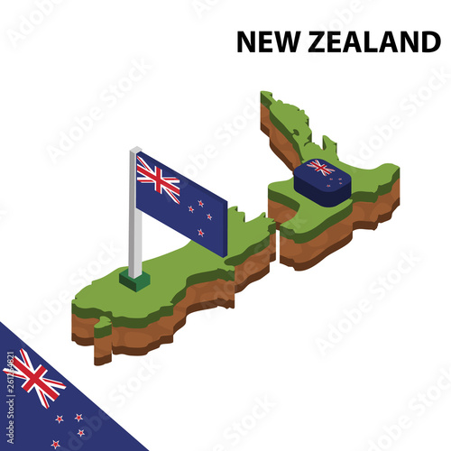 Isometric map and flag of New Zealand. 3D isometric Vector Illustration