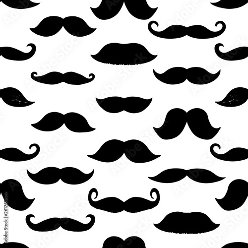 Seamless pattern of black mustaches isolated on white background. Hand drawn mustaches.