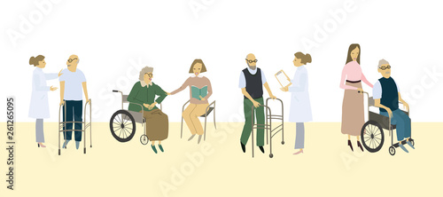 Stylized people set. Care for the elderly. Vector flat illustration.