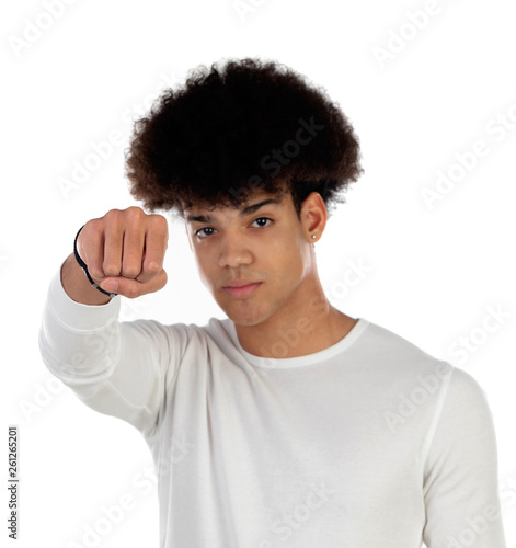 Threatening afro guy showing his fist