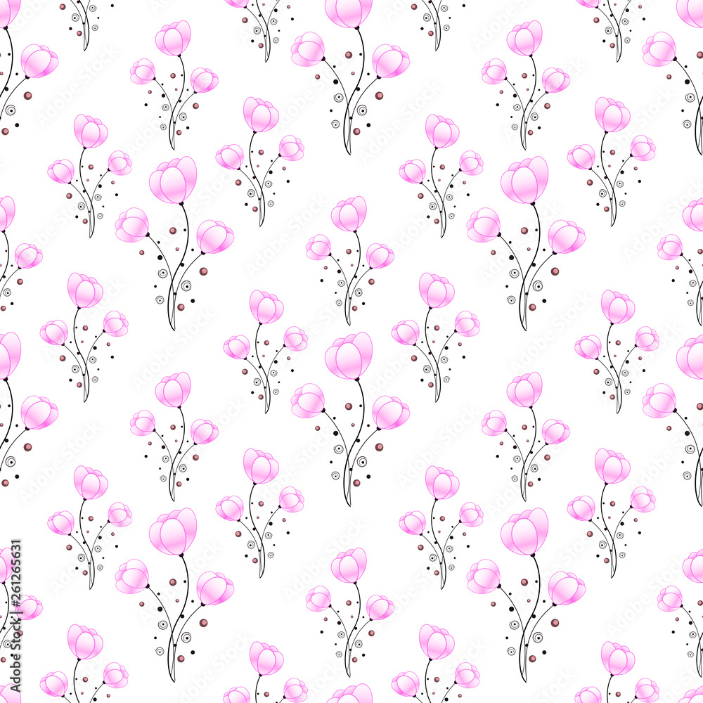 Seamless pattern with purple flowers, branches of leaves and buds.