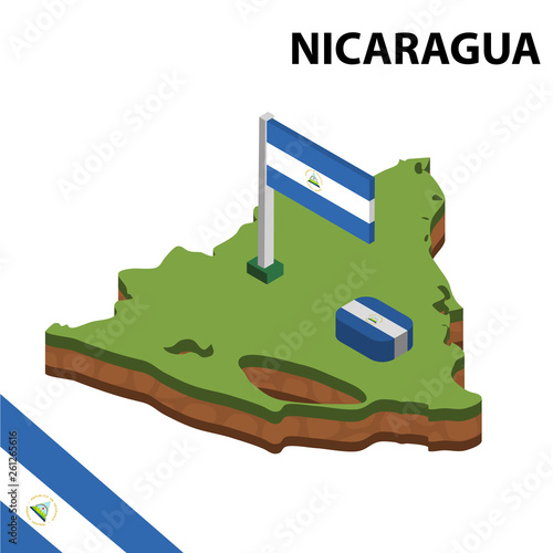 Isometric map and flag of Nicaragua. 3D isometric Vector Illustration