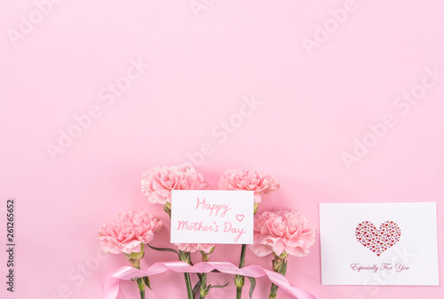 Top view, flay lay, copy space, close up, mock up, mothers day thanks design concept. Beautiful fresh blooming baby pink color carnations isolated on bright pink background © RomixImage