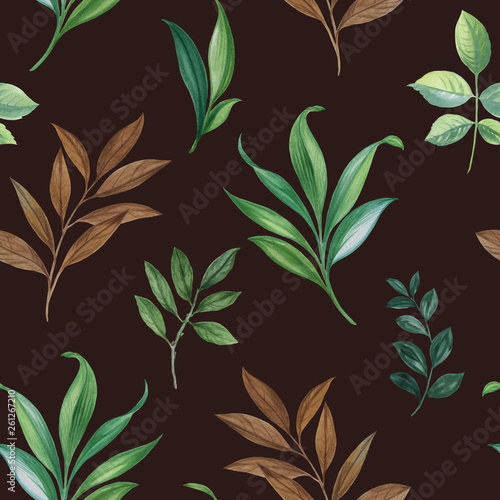 Seamless watercolor pattern. Hand painted watercolor illustration. Seamless botanical watercolor exotic floral pattern. Seamless watercolor pattern. Elegant leaves art design.