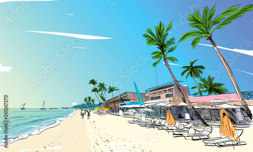 Philippines. Beautiful tropical island. Resort. Sandy beaches with palms. Hand drawn sketch. Vector illustration.