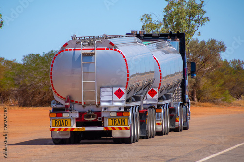 Back side of road train transporting gasoline in Australian Outback