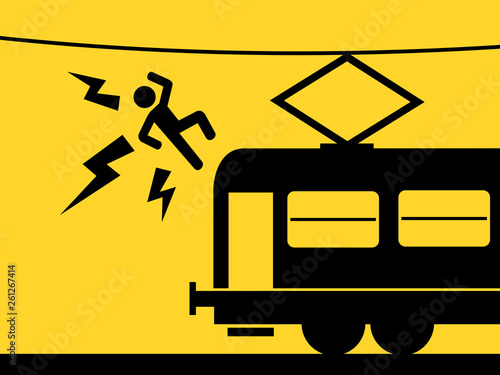 Man is killed by touching overhead line above train. Hazardous and dangerous risking with electricity and electric wire or cable. Vector illustration