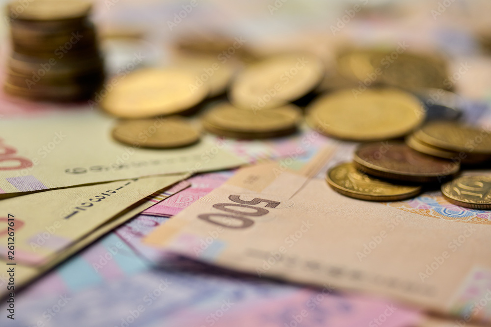 national currency of Ukraine paper and iron money close-up view of cash national currency of Ukraine paper and iron money close-up view of cash