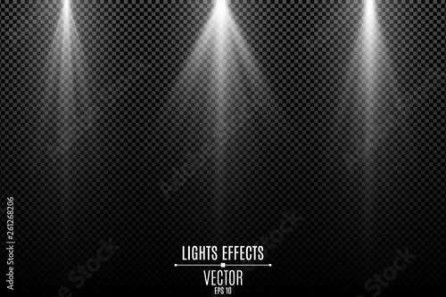 Collection of white lights effects isolated on a dark transparent background. White stylish rays. Lamp beams. Neon glowing. Vector illustration