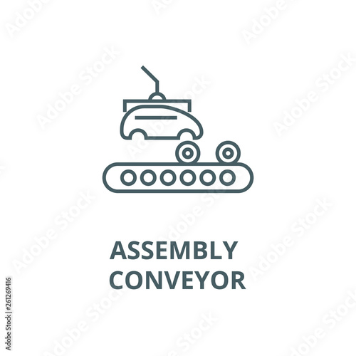 Assembly car, conveyor line icon, vector. Assembly car, conveyor outline sign, concept symbol, illustration