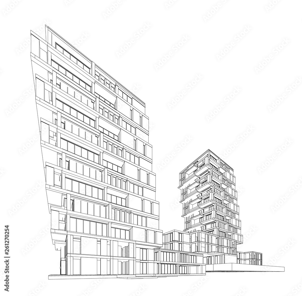 3d wireframe of building. sketch design.Vector 3d wireframe of building. sketch design.Vector