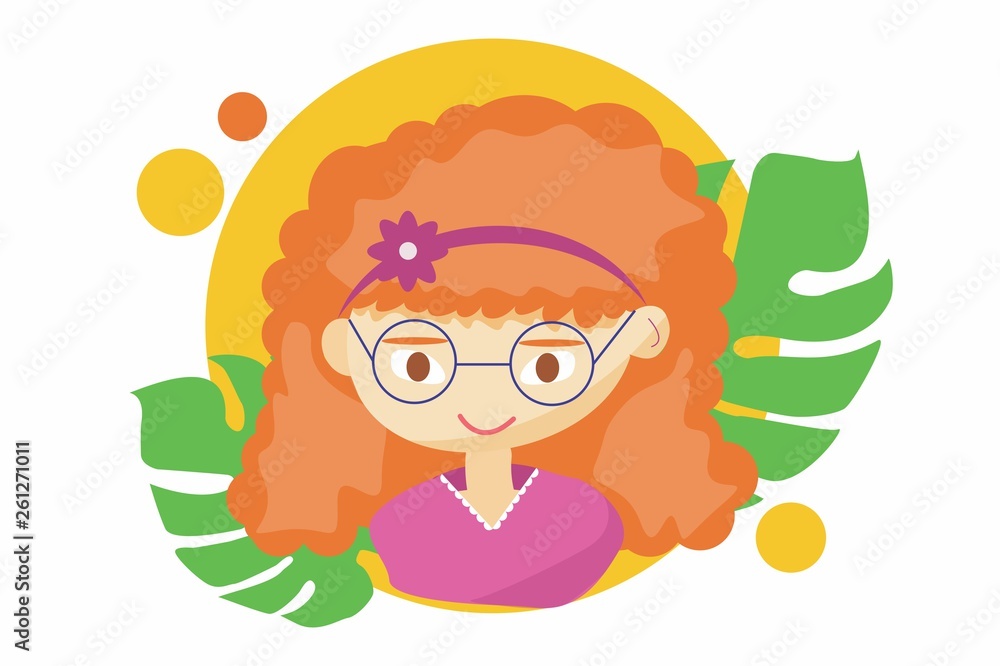 Beautiful cute summer girl - vector illustration of beautiful red-haired happy girl face, positive face features, teenager winking.