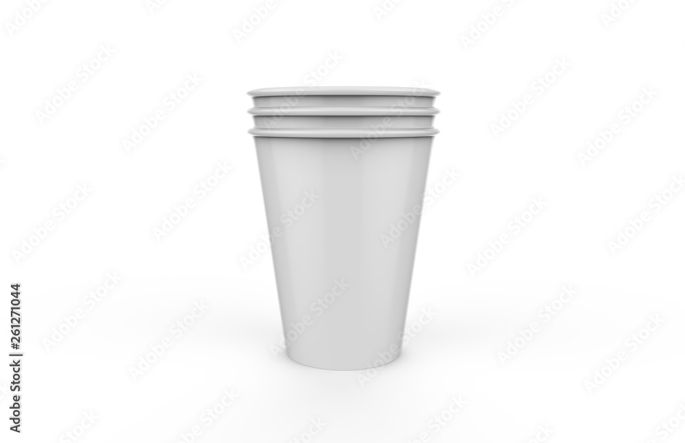 Disposable paper glass for coffee, tea, juice and water, mock up template on isolated white background, 3d illustration Disposable paper glass for coffee, tea, juice and water, mock up template on isolated white background, 3d illustration